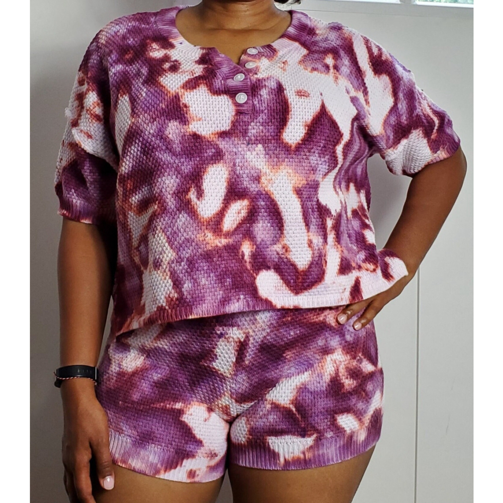 Watercolor Cotton Waffle Knit Shorts Set: Boho Beach Outfit